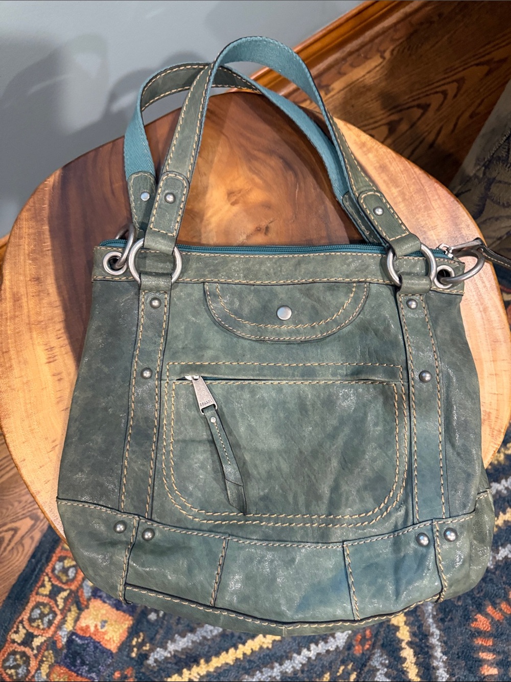 Fossil Washed Turquoise Leather Shoulder Bag with Front Pocket - Picture 5 of 5